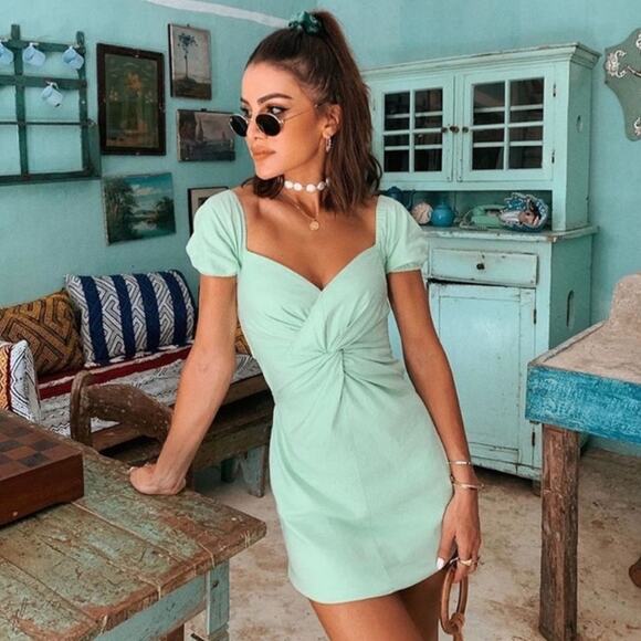 Revolve Camila Coelho Womens XS Georgie Dress in Soft Mint Linen Blend Party - Picture 3 of 13